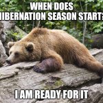 Procrastination Bear | WHEN DOES HIBERNATION SEASON START? I AM READY FOR IT | image tagged in procrastination bear | made w/ Imgflip meme maker