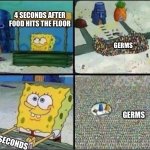 5 Second Rule | 4 SECONDS AFTER FOOD HITS THE FLOOR; GERMS; GERMS; 5 SECONDS | image tagged in spongebob hype stand,funny memes | made w/ Imgflip meme maker