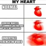 my sans au altered heart | NORMAL; SOMEONE MAKES A FUNNY COMMENT ON YOUTUBE THAT GETS ME LAUGHING; UNDERTALE REFERENCE IN VIDEO | image tagged in heartbeat | made w/ Imgflip meme maker