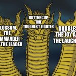 Three headed 'Zilla | BUTTERCUP, THE TOUGHEST FIGHTER; BUBBLES, THE JOY AND THE LAUGHTER; BLOSSOM, THE COMMANDER AND THE LEADER | image tagged in three headed 'zilla,powerpuff girls | made w/ Imgflip meme maker