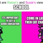 Deltarune | SCHOOL; ITS IMPORTANT TO GET A GOOD EDUCATION; COME IN LATE THEN EAT CHALK | image tagged in ralsei and susie | made w/ Imgflip meme maker