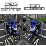 birdshit on motorcycle | HOW YOU TRY TO PRESENT TO YOUR THERAPIST; HOW YOUR THERAPIST SEES YOU | image tagged in birdshit on motorcycle | made w/ Imgflip meme maker