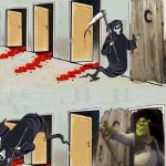Death knocking on Shrek's Door meme