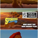PD SpongeBob | SEE SPONGEBOB THIS IS YOUR WORLD; WHAT ABOUT THAT DARK SHADOWY PLACE; THAT'S THE PUBLIC DOMAIN AND YOU MUST NEVER GO THERE | image tagged in lion king meme | made w/ Imgflip meme maker