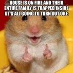 ? | BE POSITIVE MFS WHEN THEIR HOUSE IS ON FIRE AND THEIR ENTIRE FAMILY IS TRAPPED INSIDE (IT’S ALL GOING TO TURN OUT OK): | image tagged in thumbs up hamster | made w/ Imgflip meme maker