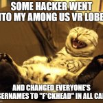 Hackers Gonna Hack! | SOME HACKER WENT INTO MY AMONG US VR LOBBY; AND CHANGED EVERYONE'S USERNAMES TO "F*CKHEAD" IN ALL CAPS | image tagged in laughing cat,among us,hacker,funny,lmao | made w/ Imgflip meme maker