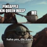 finally justice (sorry for spoilres) | PINEAPPLE REKIN QUEEN WASP; ME | image tagged in haha yes die trash,wings of fire | made w/ Imgflip meme maker