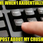 Delete | ME WHEN I AXIDENTIALLY; POST ABOUT MY CRUSH | image tagged in delete | made w/ Imgflip meme maker