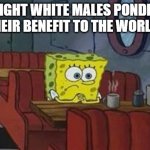 Spongebob coffee table | STRAIGHT WHITE MALES PONDERING THEIR BENEFIT TO THE WORLD | image tagged in spongebob coffee table | made w/ Imgflip meme maker