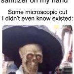 True | Me:*applies hand sanitizer on my hand*; Some microscopic cut I didn’t even know existed: | image tagged in buenos dias skeleton,memes,funny,so true memes | made w/ Imgflip meme maker