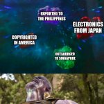 Everything play's its part | ASSEMBLED IN HONG KONG; BRANDING IN KOREA; EXPORTED TO THE PHILIPPINES; ELECTRONICS FROM JAPAN; COPYRIGHTED IN AMERICA; OUTSOURCED TO SINGAPORE; MADE IN CHINA | image tagged in thanos | made w/ Imgflip meme maker