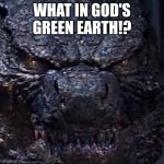Godzilla Angry | WHAT IN GOD'S GREEN EARTH!? | image tagged in godzilla angry | made w/ Imgflip meme maker