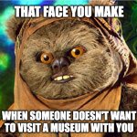 Museum-Loving Angry Ewok | THAT FACE YOU MAKE; WHEN SOMEONE DOESN'T WANT TO VISIT A MUSEUM WITH YOU | image tagged in angry ewok,museums,museum,ewok,star war,museum person | made w/ Imgflip meme maker