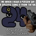 Twenty Fourick you! | ME WHEN I HEAR A PERSON SAY A SPECIFIC SONG IF FROM TIKTOK. Any last words muffinsucker? | image tagged in twenty fourick you | made w/ Imgflip meme maker