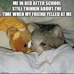 in bed after school be like | ME IN BED AFTER SCHOOL STILL THINKIN ABOUT THE TIME WHEN MY FRIEND YELLED AT ME | image tagged in crying cat in bed,memes | made w/ Imgflip meme maker