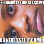 If you take offense I am sorry. Please no backlash I am just joking | DARK HUMOR IS LIKE BLACK PEOPLE; YOU NEVER SEE IT COMING | image tagged in the face of true horror | made w/ Imgflip meme maker