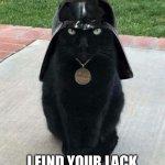 Darth Kitty is not amused | I FIND YOUR LACK OF TUNA DISTURBING | image tagged in dark side black cat | made w/ Imgflip meme maker