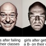 breking bar | girls after getting a B- on their quiz; boys after failing all their classes | image tagged in breaking bad smile frown | made w/ Imgflip meme maker