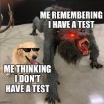 dog vs werewolf | ME REMEMBERING I HAVE A TEST; ME THINKING I DON'T HAVE A TEST | image tagged in dog vs werewolf | made w/ Imgflip meme maker