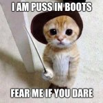 puss in boots v3 | I AM PUSS IN BOOTS; FEAR ME IF YOU DARE | image tagged in cat in boots,memes | made w/ Imgflip meme maker