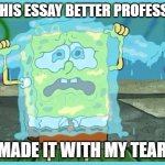 SpongeBob tears | IS THIS ESSAY BETTER PROFESSOR; I MADE IT WITH MY TEARS | image tagged in spongebob tears | made w/ Imgflip meme maker