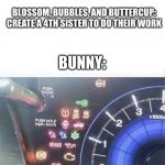 Car warning lights | SEASON 2, EPISODE 11A:; BLOSSOM, BUBBLES, AND BUTTERCUP: CREATE A 4TH SISTER TO DO THEIR WORK; BUNNY: | image tagged in car warning lights,powerpuff girls | made w/ Imgflip meme maker