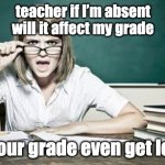 teacher | teacher if I’m absent will it affect my grade; can your grade even get lower? | image tagged in teacher | made w/ Imgflip meme maker