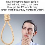 NOOOOOOOOOOOOOOOOOOOOOOO | everyone whenever they have something really good in their mind to watch, but once they get the TV remote they forgot what it was they wanted to watch: | image tagged in noose,memes,bruh,funny,fun,suicide | made w/ Imgflip meme maker