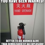 Hand grenade | YOU HAVE BEEN WARNED! BETTER TO DIE BURNED ALIVE THAN DEMOLISHED BY AN EXPLOSION! | image tagged in hand grenade | made w/ Imgflip meme maker