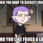 Amity cringing | WHEN YOU HAVE TO DISSECT FROGS; AND YOU LIKE FROGS A LOT | image tagged in amity cringing | made w/ Imgflip meme maker