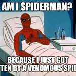 Looks like another Australian 7 yr old | AM I SPIDERMAN? BECAUSE I JUST GOT BITTEN BY A VENOMOUS SPIDER | image tagged in sick spider man | made w/ Imgflip meme maker