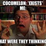 I wish cocomelon never existed | COCOMELON: *EXISTS*
ME:; WHAT WERE THEY THINKING!? | image tagged in avgn what were they thinking,cocomelon | made w/ Imgflip meme maker