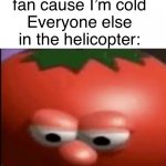 What I was cold | Me: turns off fan cause I’m cold
Everyone else in the helicopter: | image tagged in sad tomato,helicopter,cold,i am groot | made w/ Imgflip meme maker