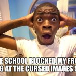 WHYYYYYYYYYY | THE SCHOOL BLOCKED MY FROM LOOKING AT THE CURSED IMAGES STREAM | image tagged in black guy surprised,why | made w/ Imgflip meme maker