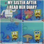 Sandy chasing Spongebob | MY SISTER AFTER I READ HER DIARY | image tagged in sandy chasing spongebob,spongebob | made w/ Imgflip meme maker