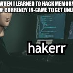 Hacker | WHEN I LEARNED TO HACK MEMORY FILES OF CURRENCY IN-GAME TO GET UNLIMITED | image tagged in hacker | made w/ Imgflip meme maker