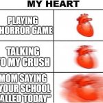 scariest things ever | PLAYING A HORROR GAME; TALKING TO MY CRUSH; MOM SAYING "YOUR SCHOOL CALLED TODAY" | image tagged in heart beating fast,memes,funny,oh wow are you actually reading these tags | made w/ Imgflip meme maker