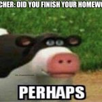 Homework | TEACHER: DID YOU FINISH YOUR HOMEWORK
ME: | image tagged in perhaps cow | made w/ Imgflip meme maker