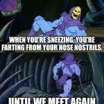 Sneezing | WHEN YOU'RE SNEEZING, YOU'RE FARTING FROM YOUR NOSE NOSTRILS. UNTIL WE MEET AGAIN | image tagged in skeletor disturbing facts,funny,memes,until we meet again,he man skeleton advices,change my mind | made w/ Imgflip meme maker