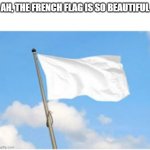 France | AH, THE FRENCH FLAG IS SO BEAUTIFUL | image tagged in white flag,surrender,get it | made w/ Imgflip meme maker