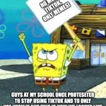 True protest we once had | NO MORE TIKTOK, ONLY MEMES! GUYS AT MY SCHOOL ONCE PROTESETED TO STOP USING TIKTOK AND TO ONLY USE IMGFLIP AND THIS IS HOW WE LOOKED LIKE | image tagged in spongebob protesting blank sign | made w/ Imgflip meme maker