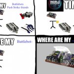 About the latest BattleBots season | TIME; Battlebots Push Strike friends; I LOVE MY; I LOVE MY; WHERE ARE MY; Battlebots Push Strike friends; Battlebot- | image tagged in troll face pill time | made w/ Imgflip meme maker