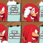 My dream lunch | THEN I WILL EAT 20 PACKAGES OF FIG NEWTON; FIRST I WILL EAT 20 BARS OF CHOCOLATE. THEN I WILL GAIN 100 POUNDS; THEN I WILL GAIN 100 POUNDS | image tagged in knuckles gru's plan,knuckles,dreams,lunch,sonic the hedgehog | made w/ Imgflip meme maker