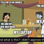 I Didn't Approve This | ME WHEN MY MOM TELLS ME TO DO CHORES; THE DINING ROOM; MY MOM; ME AND MY OLDER BROTHERS; MY LAPTOP | image tagged in i didn't approve this | made w/ Imgflip meme maker