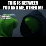 Evil Kermit Meme | THIS IS BETWEEN YOU AND ME, OTHER ME; MY BRAIN: HOW DOES THAT WORK? | image tagged in evil kermit meme | made w/ Imgflip meme maker