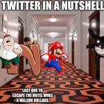 The Shining. Overlook Hotel Hallway. | TWITTER IN A NUTSHELL:; LAST ONE TO ESCAPE THE HOTEL WINS A MILLION DOLLARS | image tagged in the shining overlook hotel hallway,mrbeast,twitter | made w/ Imgflip meme maker