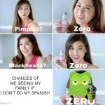 RUN | CHANCES OF ME SEEING MY FAMILY IF 
I DON'T DO MY SPANISH | image tagged in pimples zero | made w/ Imgflip meme maker