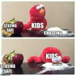 Elmo eats sugar | STAYING SAFE; KIDS; CHATTING; KIDS; STAYING SAFE; CHATTING | image tagged in elmo eats sugar | made w/ Imgflip meme maker