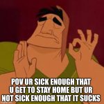 sick | POV UR SICK ENOUGH THAT U GET TO STAY HOME BUT UR NOT SICK ENOUGH THAT IT SUCKS | image tagged in when it hits just perfect | made w/ Imgflip meme maker