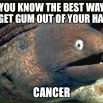 Bad Joke Eel Meme | YOU KNOW THE BEST WAY TO GET GUM OUT OF YOUR HAIR? CANCER | image tagged in memes,bad joke eel | made w/ Imgflip meme maker
